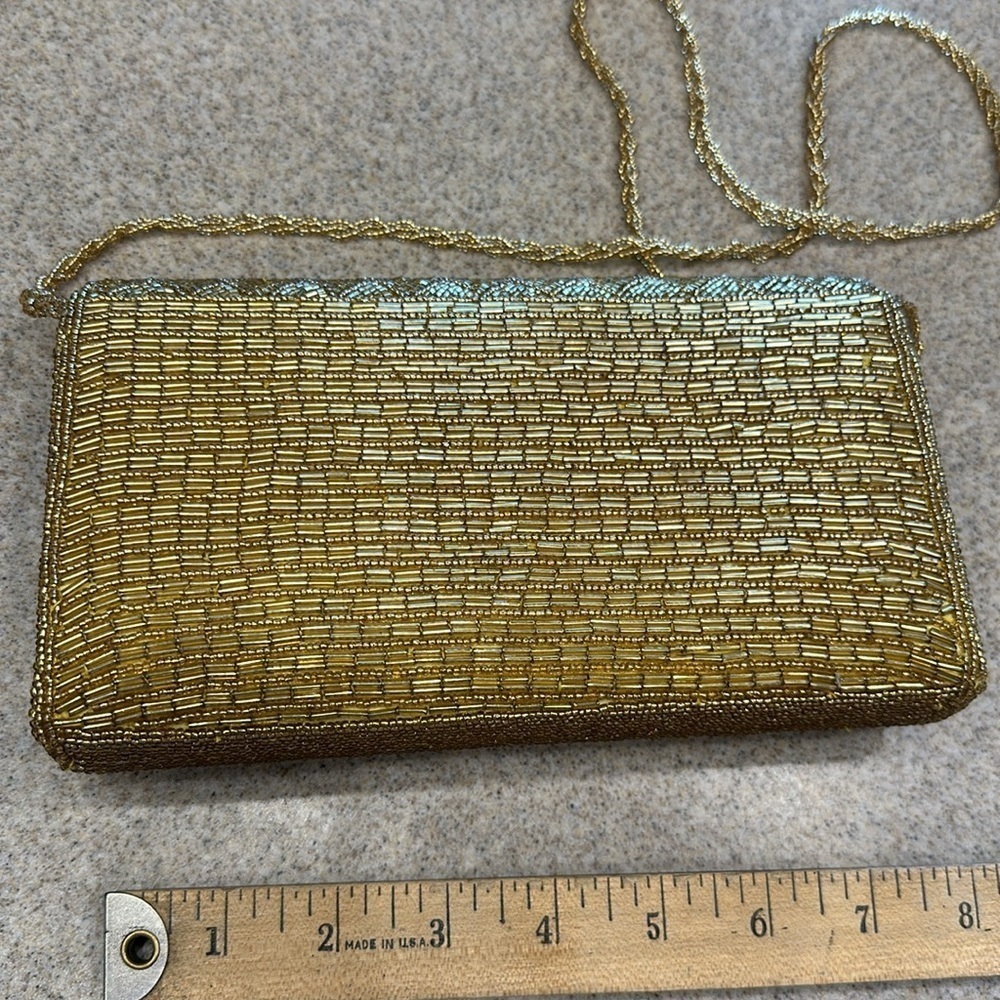 Vintage 1960 Art Deco/Nouveau Gold/yellow hand Beaded evening purse/bag - Picture 9 of 11